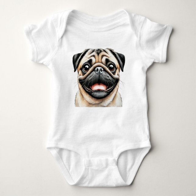 Pug Happy face Dog Baby Bodysuit (Front)