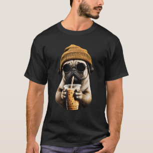 Pug Hipster Dog Drinking Iced Coffee Sunglasses T-Shirt