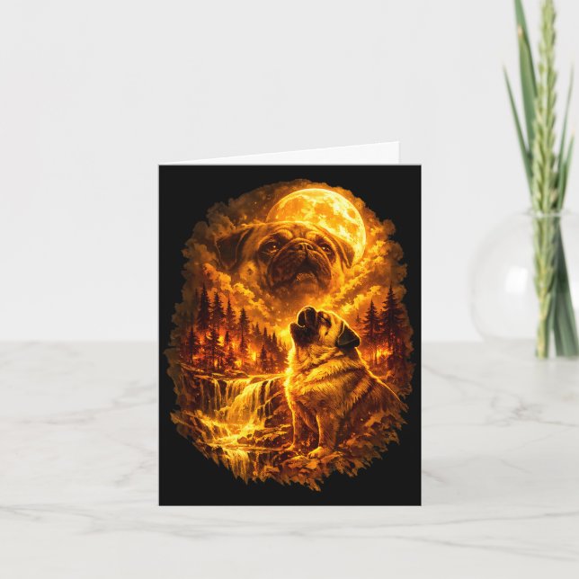 Pug howling at moon dramatic full moon  card (Front)