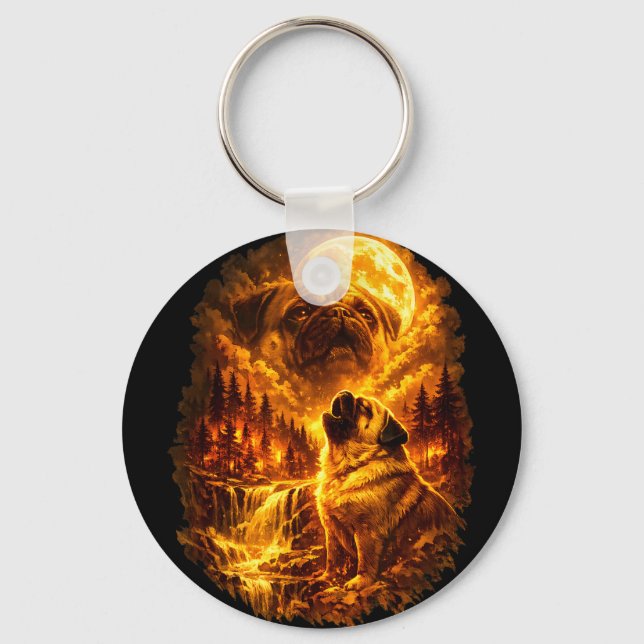 Pug howling at moon dramatic full moon  key ring (Front)