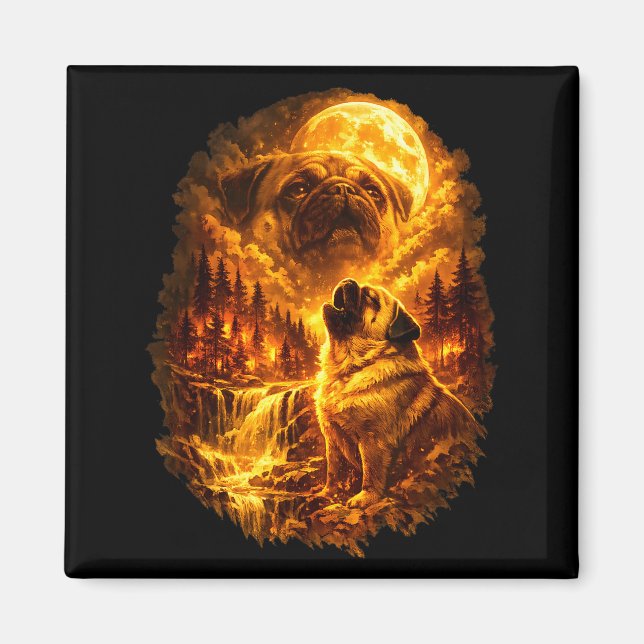 Pug howling at moon dramatic full moon  magnet (Front)