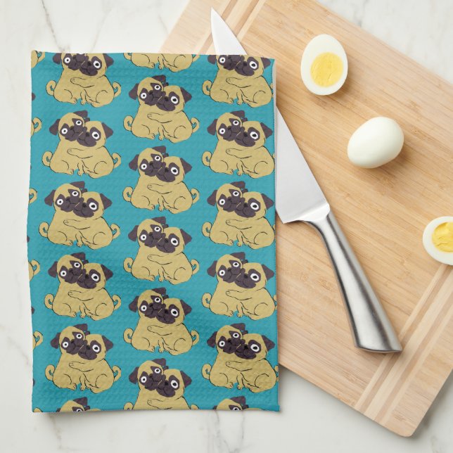 Pug hug Blue, Tea Towel (Quarter Fold)