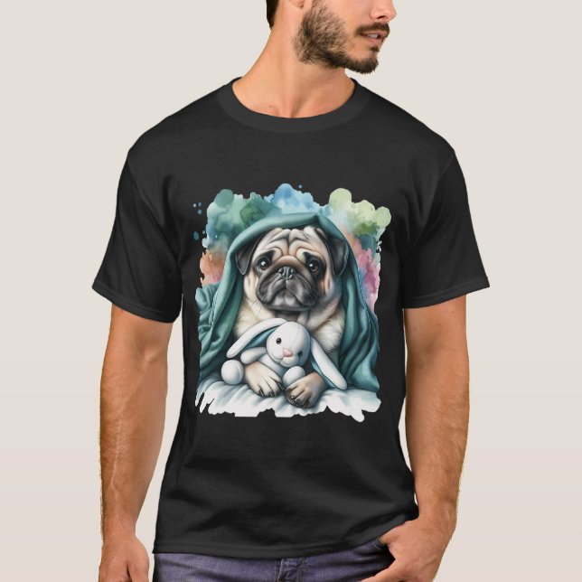 Pug Hugging Stuffed Bunny T-Shirt (Front)
