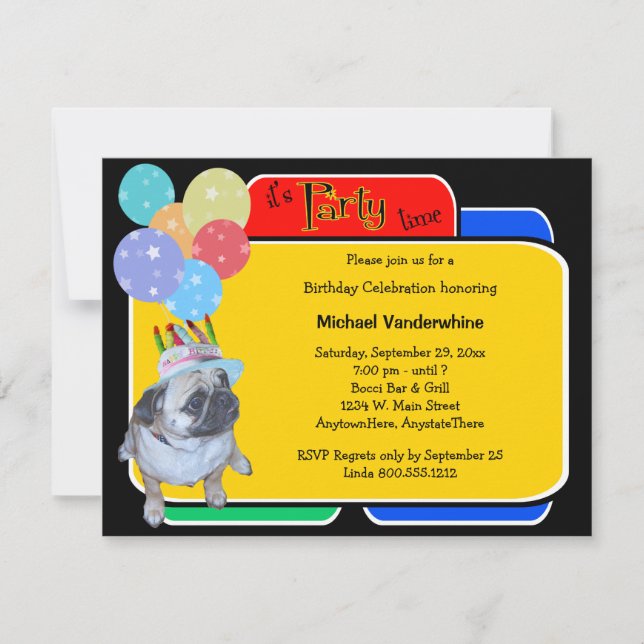 Pug In A Birthday Hat Birthday Barker Invitation (Front)
