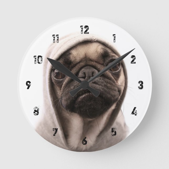 Pug In A Hoodie Round Clock (Front)