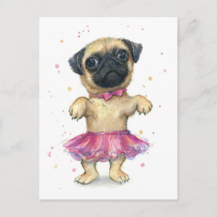 Pug in a Tutu Cute Puppy Painting Postcard