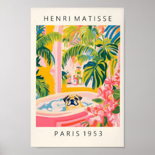 Pug In Bathtub, Matisse Print, Funny Bathroom Wall Poster