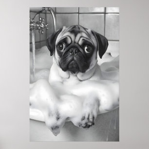 Pug in Bathtub Print, Funny Bathroom Dog Art Poster