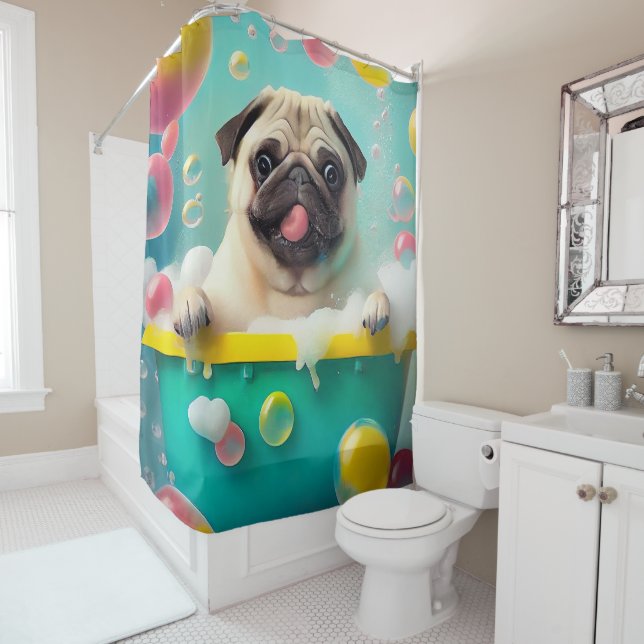 Pug in Bathtub with bubbles Shower Curtain (In Situ)