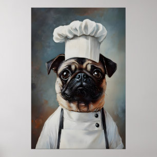 Pug In Chefs Hat Poster, Pet Poster, Pug In Apron Poster