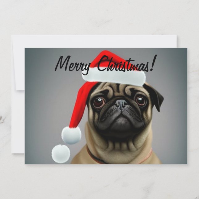 Pug In Christmas Hat Flat Holiday Card (Front)
