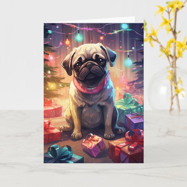 Pug in Christmas Pyjamas by the Tree Card (Yellow Flower)