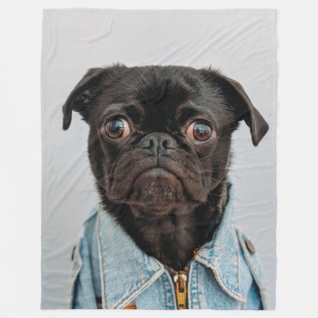 PUG in DENIM Fleece Blanket (Front)