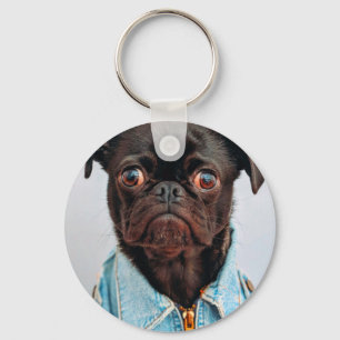 Pug in Denim Jackey Cute Adorable Dog Puppy Key Ring