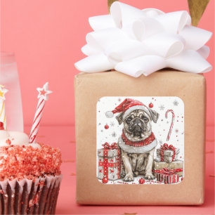 Pug in Elf Costume with Candy Cane Square Sticker