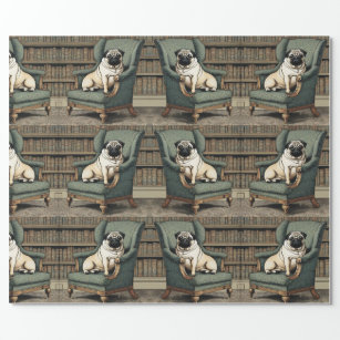 Pug in library chair wrapping paper 