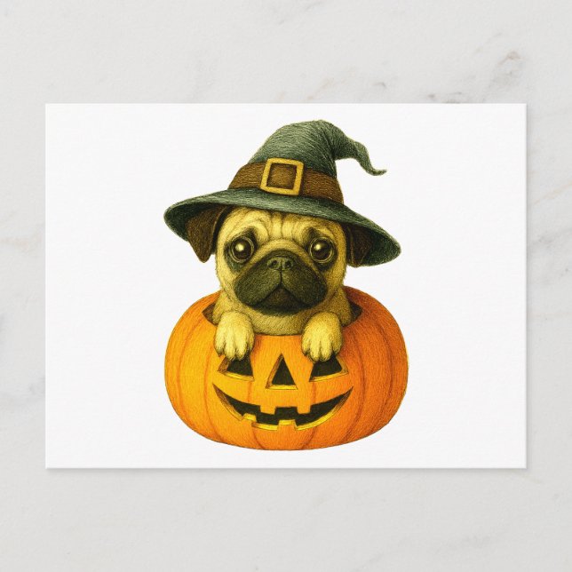 Pug in Pumpkin Holiday Postcard (Front)