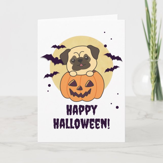 Pug In Pumpkin Sweet Dogs Happy Halloween Card (Front)