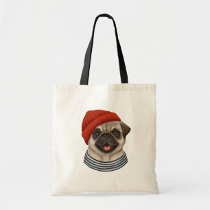 Pug in red hat tote bag
