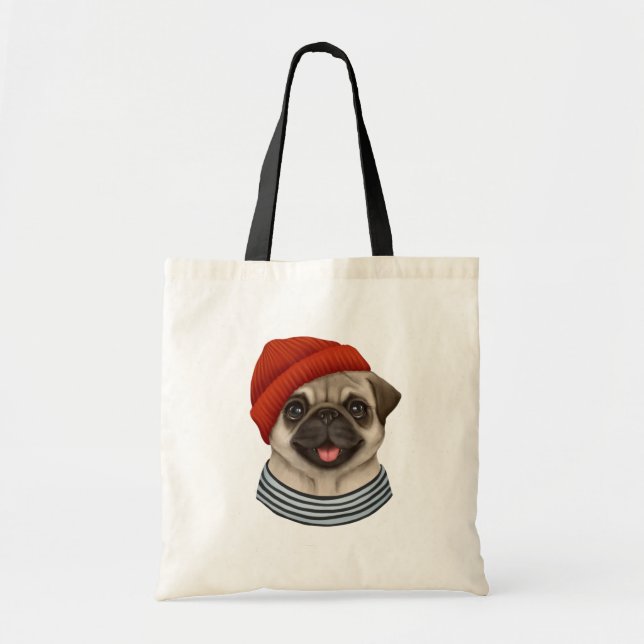 Pug in red hat tote bag (Front)