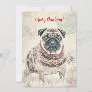 Pug In Snow Minimal Vintage Christmas Holiday Card