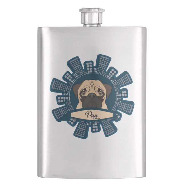 pug in the city hip flask (Front)