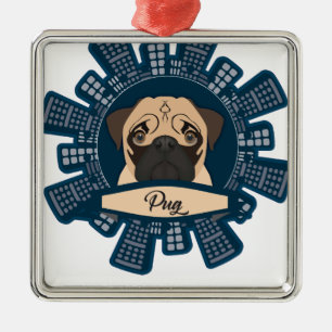 pug in the city metal tree decoration
