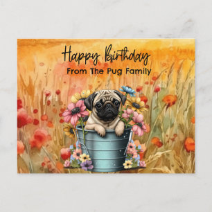 Pug in Wildflowers Birthday watercolor Postcard