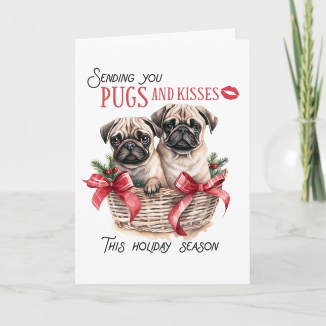 Pug & Kisses Christmas, 5" x 7" Greeting Card (Front)
