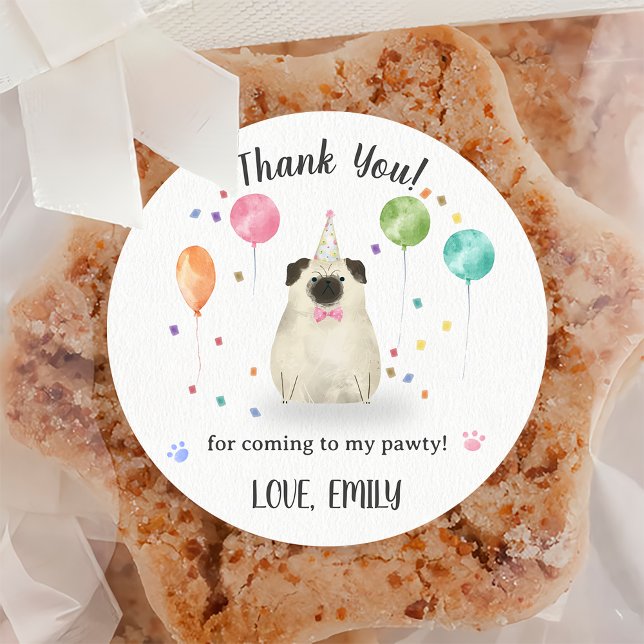 Pug Lets Dog Birthday Thank You Classic Round Sticker (Creator Uploaded)