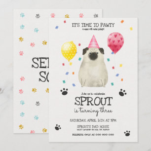 Pug Lets Pawty Dog Birthday Invitation Pink