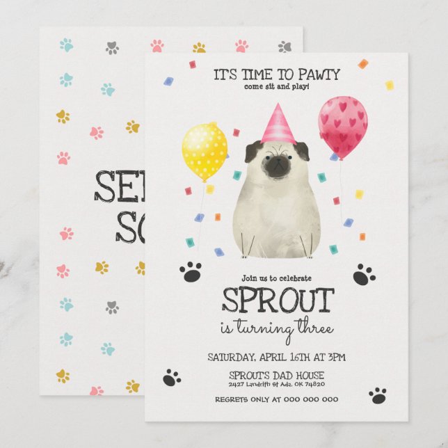 Pug Lets Pawty Dog Birthday Invitation Pink (Front/Back)