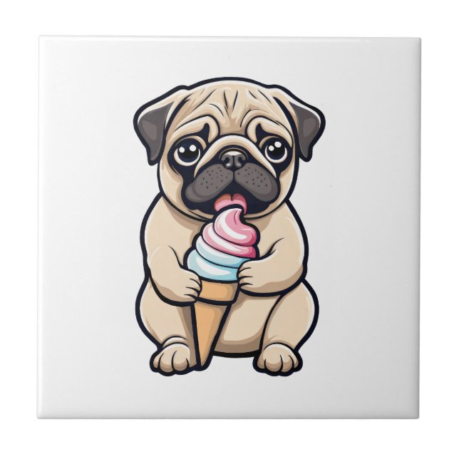 Pug licking ice cream ceramic tile (Front)