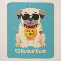 Pug Life custom name & colour fleece blankets