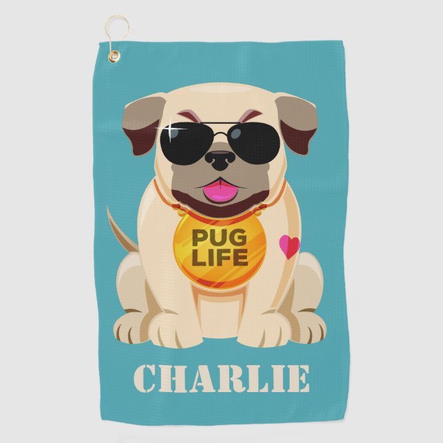 Pug Life custom name & colour golf towel (Front)