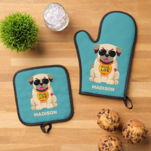 Pug Life custom name & colour Oven Mitt & Pot Holder Set