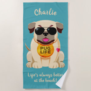 Pug Life custom name & text beach towel