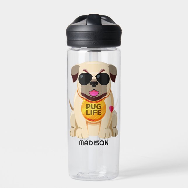 Pug Life custom name Water Bottle (Front)