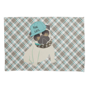 Pug Life Dog in Cap Bandanna Shades Plaid Pillowcase