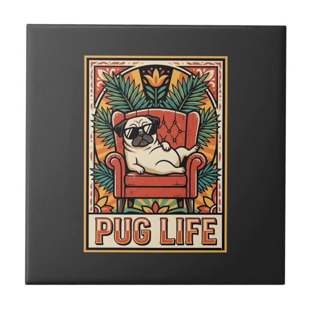 Pug Life Retro Folk Art Dog Ceramic Tile (Front)