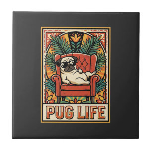 Pug Life Retro Folk Art Dog Ceramic Tile