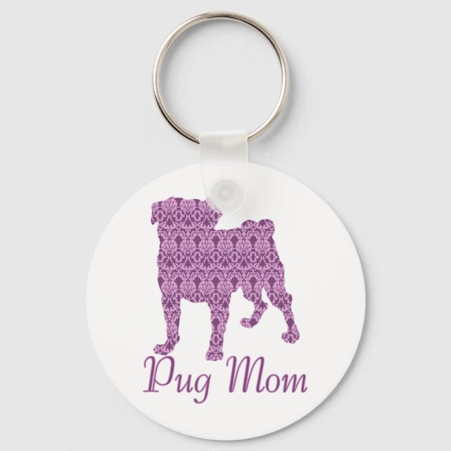 Pug Lover Pink Vintage Damask Key Ring (Front)