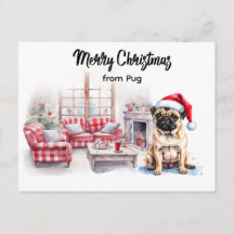 Pug Merry Christmas watercolor Postcard