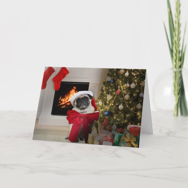 Pug Misha wearing only a bow for Christmas Holiday Card (Front)