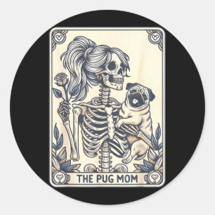 Pug Mum Tarot Card Skeleton Pug Mum Halloween Dog Classic Round Sticker