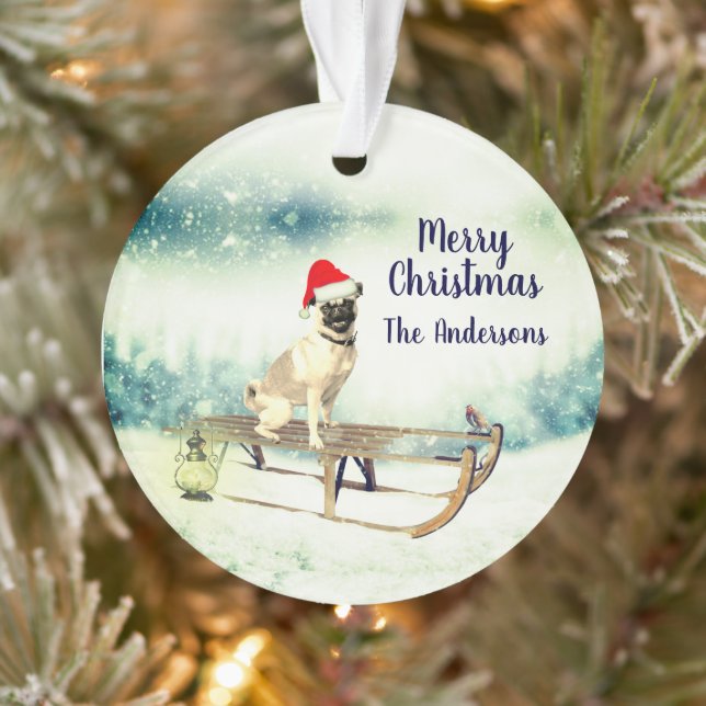 Pug on A Sled Christmas Ornament (Tree)