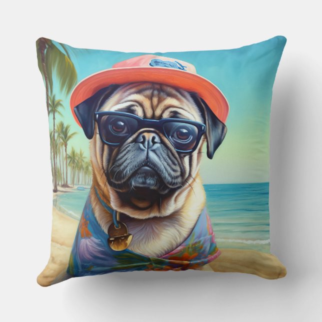 Pug on Beach, summer gift for dog lover  Cushion (Back)