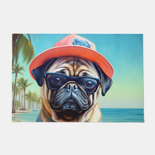 Pug on Beach, summer gift for dog lover  Doormat (Front)