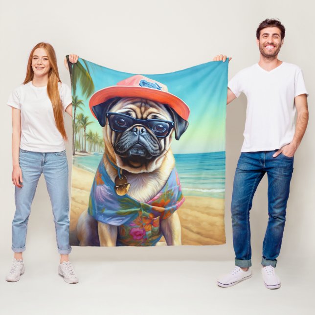Pug on Beach, summer gift for dog lover  Fleece Blanket (In Situ)