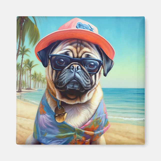 Pug on Beach, summer gift for dog lover  Magnet (Front)